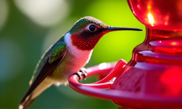 Close-up of a hummingbird feeding nectar from a vibrant feeder, showcasing backyard birding.