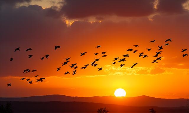 Silhouette of diverse birds flying across a sunset sky representing bird migration.